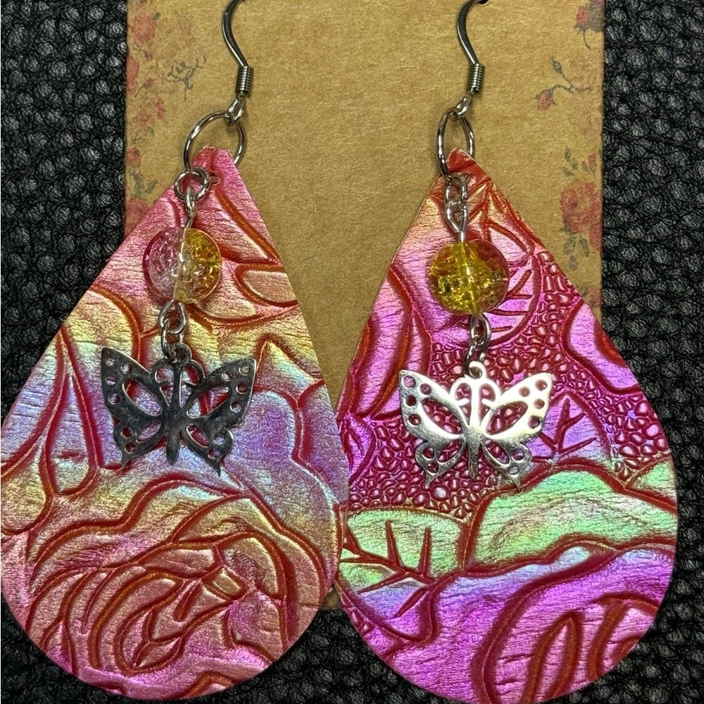 Handmade pink multi chrome faux leather teardrop earrings